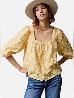Anthropologie Yvonne Textured Yellow Button Down Blouse Shirt Size Medium